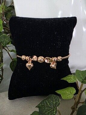 Rose Gold Stainless Steel Open Bangle Bracelet Heart Charms